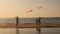 Young family with baby playing on the beach with a kite