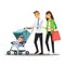 Young family with baby in stroller ,Vector illustration cartoon