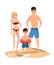 Young family on the beach. People stands on sand. Beautiful women, man and boy in swimsuits. Cartoon character design. Flat 