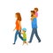Young family with children walking side view