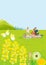 Young family enjoying picnic in springtime nature, vertical layout