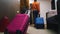 A young family entering a hotel room - dragging their luggage after them