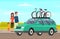 Young family, father, mother and their child near car for traveling and transporting bicycles