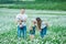 Young family in a field of flowers daises chamomile anjoy spa life happy together with cute faces in a village rustic motion