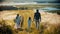 Young family of four members walking down to the wheat field