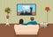 Young family man and women watching TV training tutorial program together in the living room. Vector illustration.