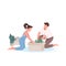 Young family packing boxes flat color vector faceless characters