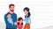 Young Family Parents With Two Kids Daughter And Son Standing Over White Brick Wall Background With Copy Space Cartoon