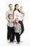 Young family with three children smiling and hugging. Full height. Love and tenderness. White background.