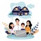 Young family with two kids looking for new home to buy or rent. Realty loan, mortgage, vector flat cartoon illustration