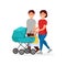 Young family walking after shopping. Mother pushing carriage with baby, father carrying packages. Happy parents. Cartoon