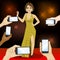 Young famous woman posing on red carpet for people with smartphones