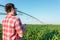 Young farmer or agronomist inspecting a corn field using a drone