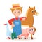 Young Farmer With Farm Animals: Horse, Pig, Goose. Cartoon Vector Illustration On A White Background.