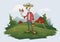 Young farmer in the hat with a red apple in his hand, funny cartoon character standing on the grass with trees and