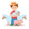 Young farmer with lamb in the hands and farm animals - pig, sheep.