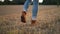 Young farmer legs walking through grassy field and enjoying of the sunset