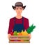 Young Farmer Wearing Brown Hat And Carrying Fruit Crate vector Illustration