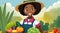 young farmer woman with fresh vegetables and fruits. Kawaii cartoon illustration in anime st