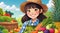 young farmer woman with fresh vegetables and fruits. Kawaii cartoon illustration in anime st