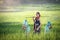 Young farmers grow rice in the rainy season in the rice field