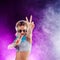 Young fashionable girl in disco style. Listening music and enjoying. Retro style