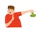Young fat man refuse eating broccoli. Guy with refusing gesture, facial expression of disgust. Picky food eater