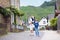 Young father with his children in small German village