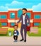 Young father with his little son standing in front of the school. The father picks up the child from school. The concept of happy