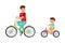 Young Father and His Son Cycling Vector Illustration