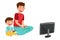 Young Father and His Son Sitting and Playing Video Game Vector Illustration