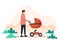A young father walks with a baby carriage in the park. Dad spends time with his son outside the door