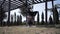 Young female athlete trains in park performing tricks upside down on a hammock