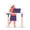 Young Female Character Graphic Designer. Woman with Creative Expression and Focused Look On Face Standing At Desk