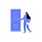 Young female character holding a door knob. Entering the building. Girl knocking in door and holding a pice of paper in