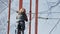 Young female climber walks by pendant log bridge on high ropes course in extreme park