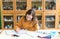 Young female college student in chemistry class, writing notes. Focused student in classroom.