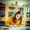 Young female college student in chemistry class, writing notes. Focused student in classroom.