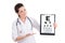 Young female doctor ophthalmologist and eye test chart isolated