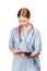 Young female doctor with red stethoscope and paper holder completing documents