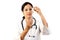 Young female doctor with syringe against white background