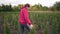 Young female entrepreneur checks growing seedlings. Florist at work outdoors. Improving the environment through the