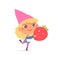 Young female garden gnome holding strawberry, cute girl in pink hat and apron running