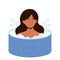 Young female girl character is happy relaxing in hot sauna bath.