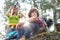 Young female hiker photographing through digital camera while man looking away in forest