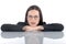 Young female lawyer legal professional relaxing on office desk, arms folded