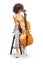 Young female musician sitting on a chair and playing a contrabass