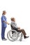 Young female nurse pushing an elderly gentleman in a wheelchair
