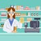 Young female pharmacist with pills behind the counter. Pharmacy or drugstore interior. Vector flat style illustration