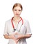 Young female physician in doctor\'s smock with stethoscope